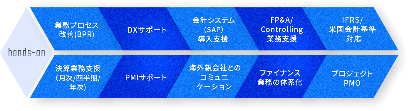 hands-on,業務プロセス 改善(BPR),決算業務支援 (月次/四半期/ 年次),DXサポート,PMIサポート,会計システム(SAP)導入支援,海外親会社との コミュニ ケーション,FP&A/ Controlling 業務支援,ファイナンス 業務の体系化,IFRS/米国会計基準対応,プロジェクト PMO