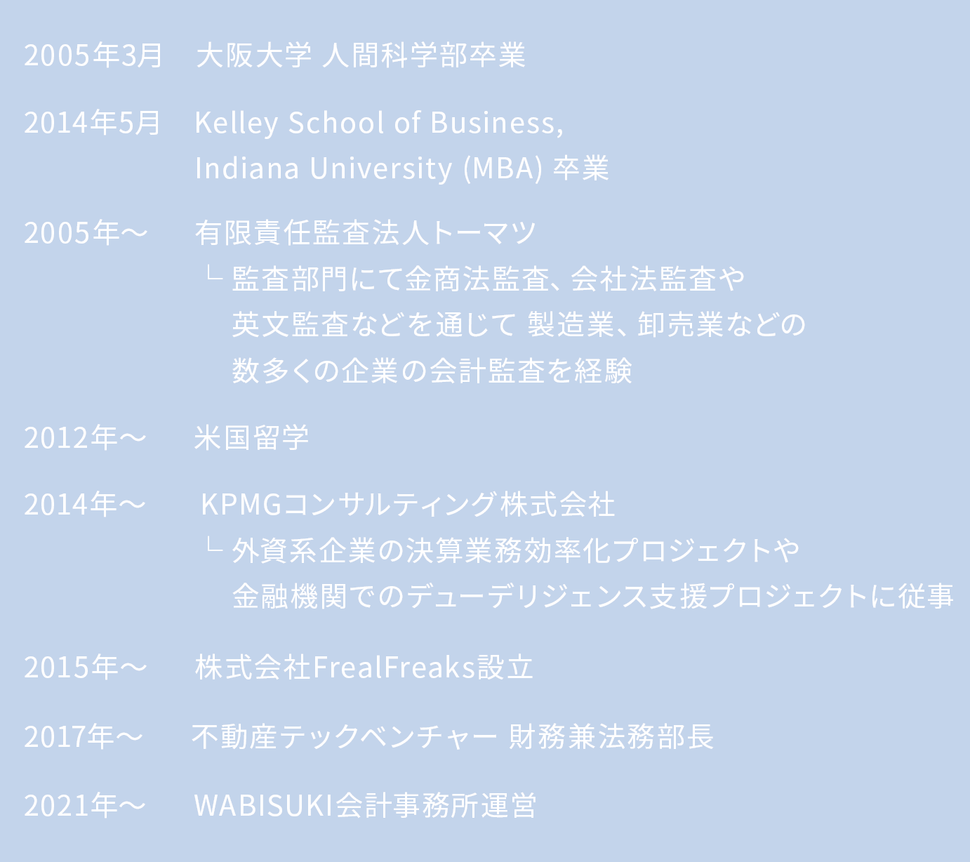 2005年3月。大阪大学 人間科学部卒業から2021年～。WABISUKI会計事務所運営